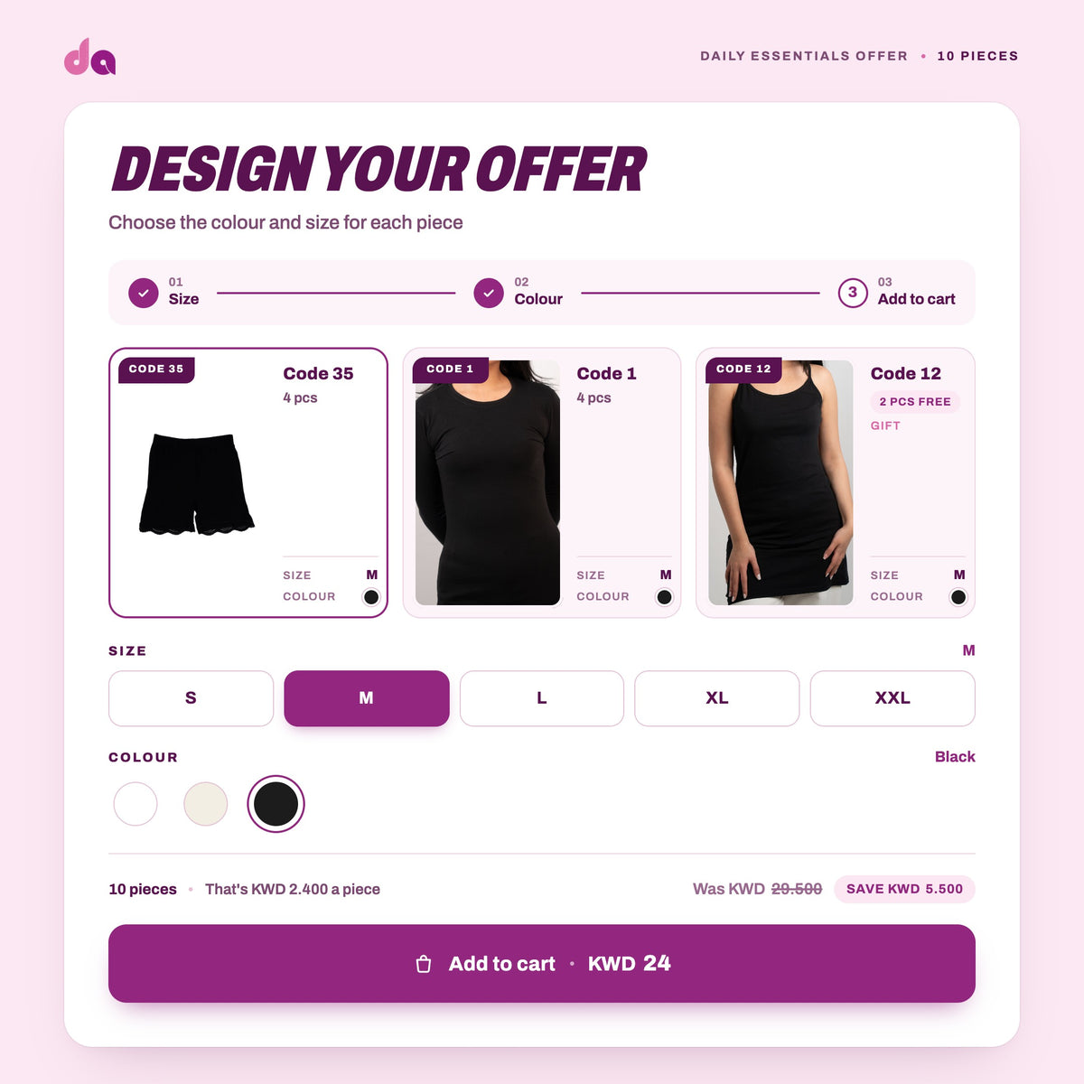 Daily Essentials Offer 2: 4 × Lace-Trim Boxer Shorts (Code 35) + 4 × Long Sleeve Crew Tee (Code 1) + 2 × Strappy Longline Top (Code 12) free – design your offer