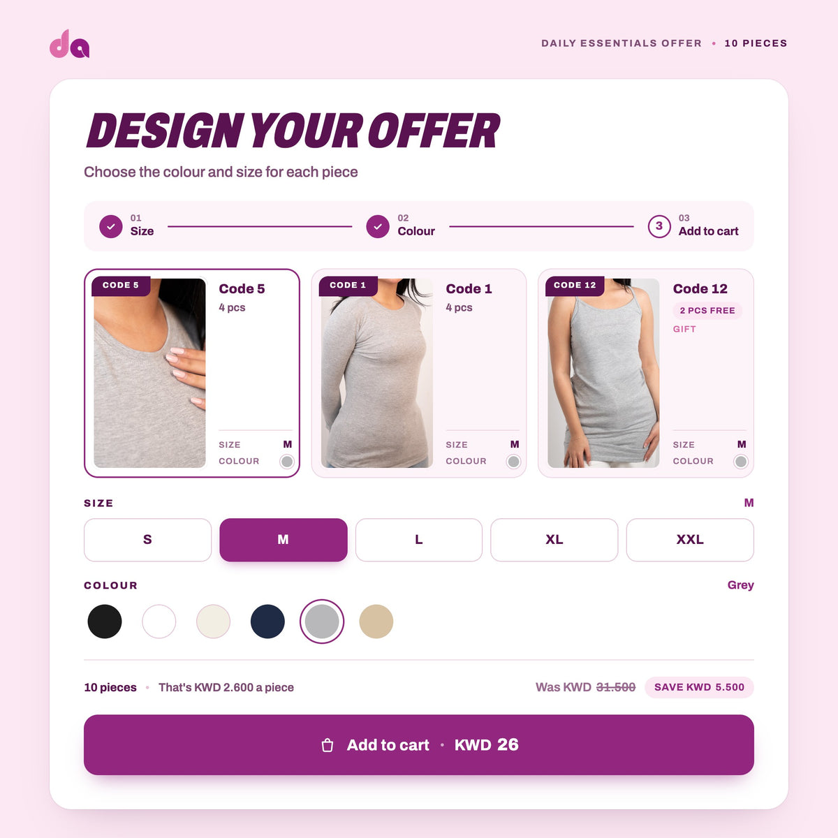 Daily Essentials Offer 4: 4 × Short Sleeve Crew Tee (Code 5) + 4 × Long Sleeve Crew Tee (Code 1) + 2 × Strappy Longline Top (Code 12) free – design your offer