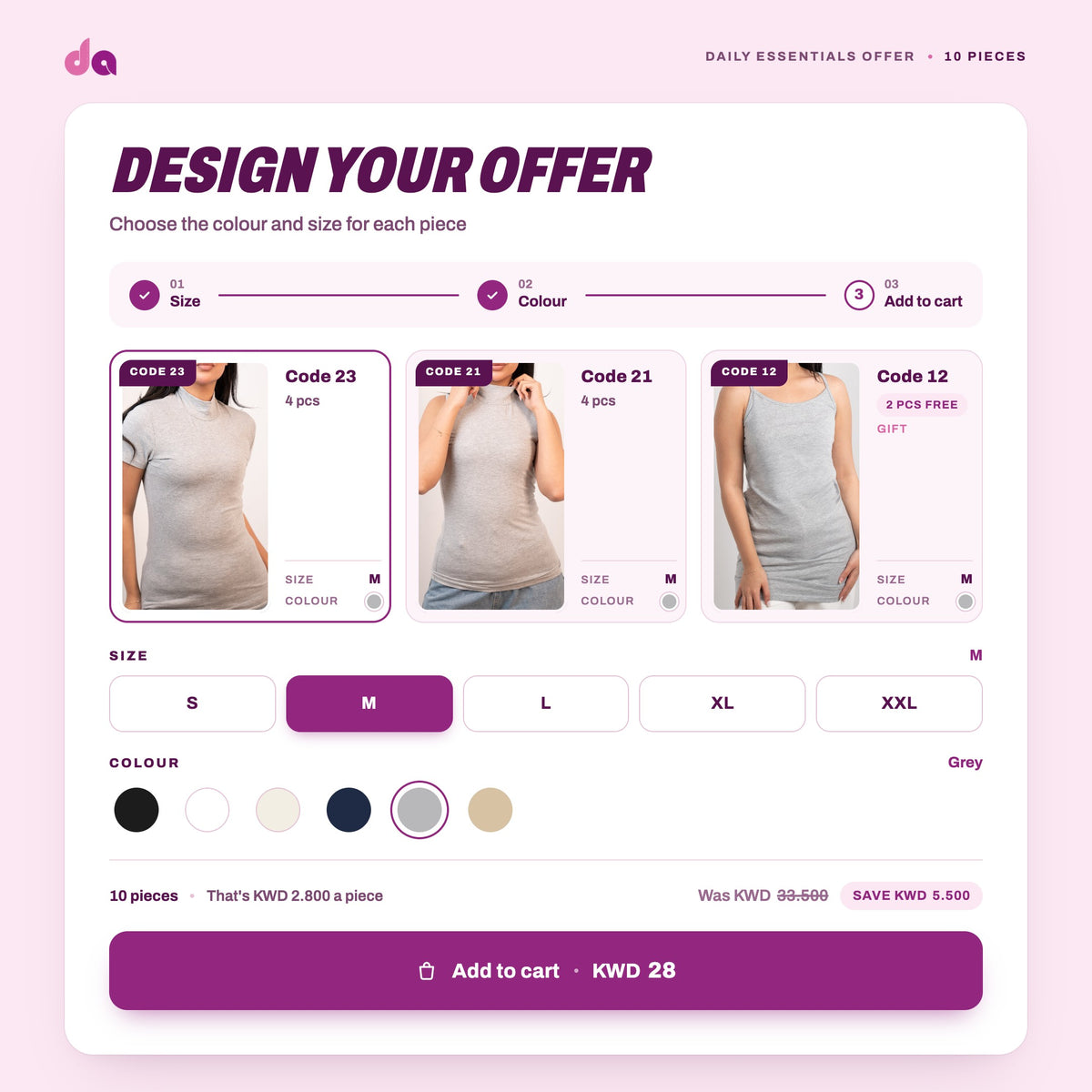 Daily Essentials Offer 6: 4 × Short Sleeve High-Neck Tee (Code 23) + 4 × Sleeveless High-Neck Tee (Code 21) + 2 × Strappy Longline Top (Code 12) free – design your offer